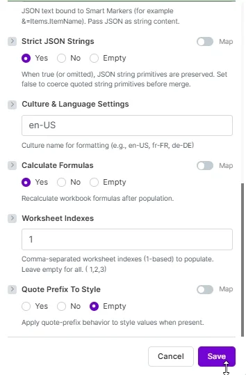 Criar PDF4me Excel: Preencher configurações avançadas mostrando Strings JSON estritas: Sim, Configurações de cultura e idioma: en-US, Calcular fórmulas: Sim, Índices da planilha: 1 e Prefixo de citação para estilo: Vazio